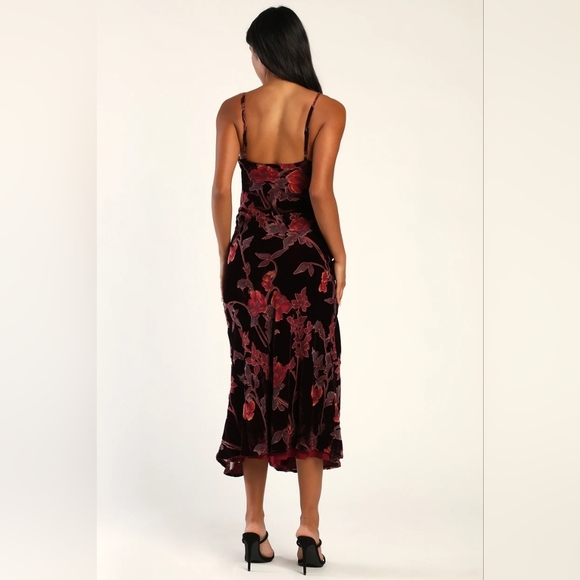 Lulus Divine Allure Burgundy Floral Burnout Velvet Midi Dress M Wedding Party - Picture 5 of 11